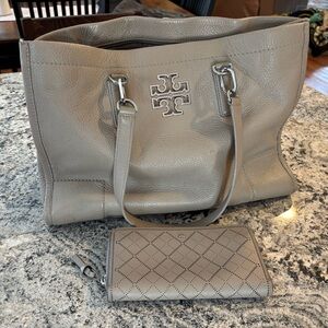 Tory Burch grey Leather Tote and matching Wallet